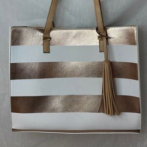 Madison West White and Metallic Gold Striped Tote NWOT